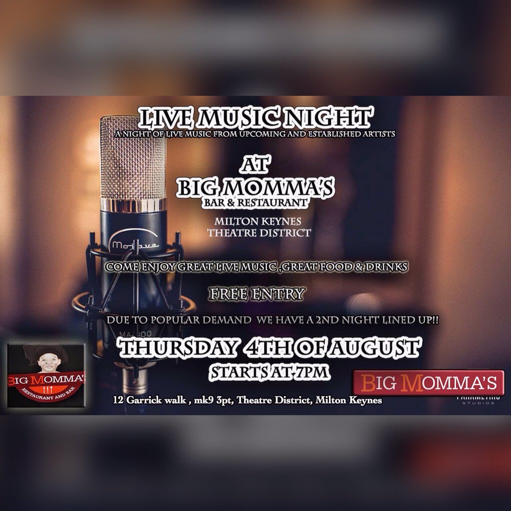 mkpartyscene's tweet photo. Live Music Night @BigMommasMK 4th August. #mkpartyscene #miltonkeynes #livemusic #openmic #bigmommasmk https://t.co/dyerPClzh3