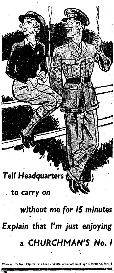 MickHayes1's tweet photo. Message change for Churchman's cigs' #SWWads, from delaying duty to reward after duty, in July 1940 #1940sad https://t.co/D2yfyORVdU