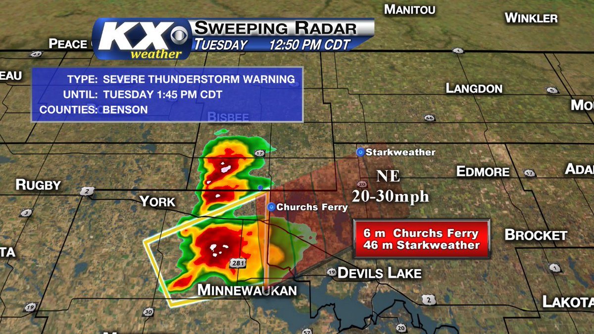 CentralOregonWX's tweet photo. A severe thunderstorm warning has been issued for Northwest Benson county until 1:45pm. #QuarterSizeHail #NDwx https://t.co/Lt50tYHzHr