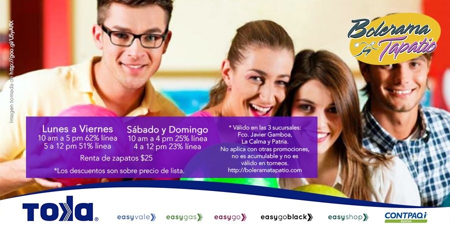 EasyhomeMexico's tweet photo. Obtén promos diarias en Bolerama Tapatío S.A. de C.V. con tu tarjeta Toka ;) https://t.co/pPIbHfM4Ct