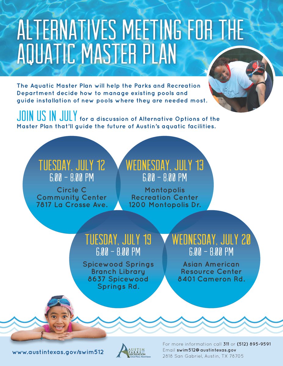 AustinCityParks's tweet photo. Join us tonight @ Spicewood Springs Branch Library for a community meeting about the Aquatic Master Plan. #swim512 https://t.co/Y7j4YSW8RH