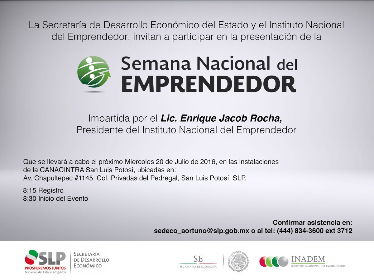 CANACINTRA_SLP's tweet photo. El presidente del @INADEM_SE @EnriqueJacobR , presentará la Semana Nacional del Emprendedor en @CANACINTRA_SLP https://t.co/sK3hvLoj7L