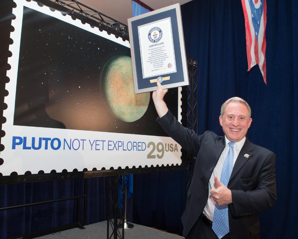 Stamp onboard <a href="/NASANewHorizons/">NASA New Horizons</a> sets <a href="/GWR/">Guinness World Records</a> record—farthest distance traveled by postage stamp! go.nasa.gov/2a69qHm