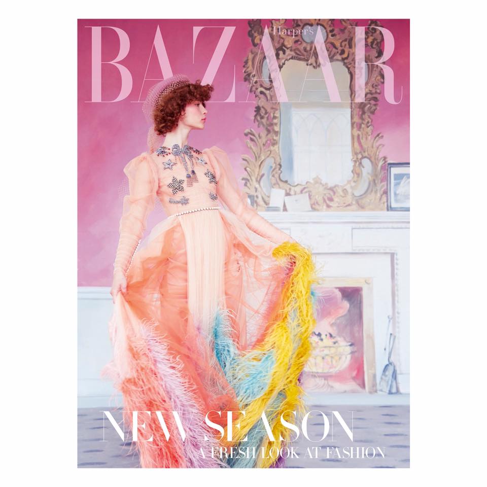 Harper's Bazaar UK, a multicolored feather-trimmed gown  from the Gucci AW 2016 collection by Alessandro Michele.