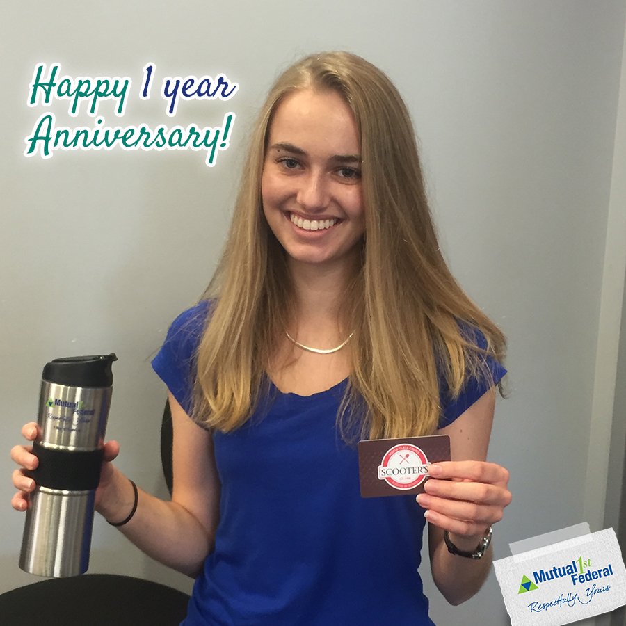 Mutual1stFCU's tweet image. Give Olivia a 'Like' on her 1 year anniversary at the credit union! #CUFun