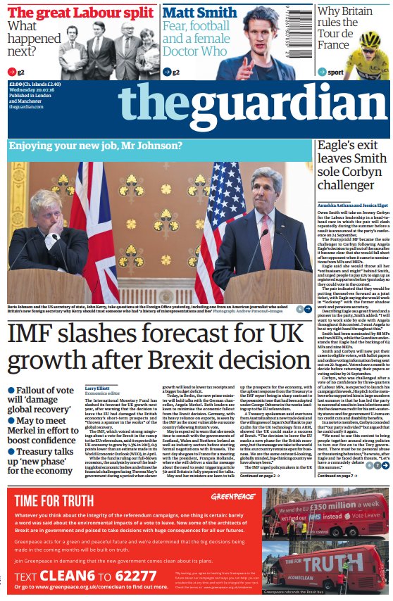 SkyNews's tweet image. GUARDIAN FRONT PAGE: ‘IMF slashes forecast for UK growth after Brexit decision’ #skypapers