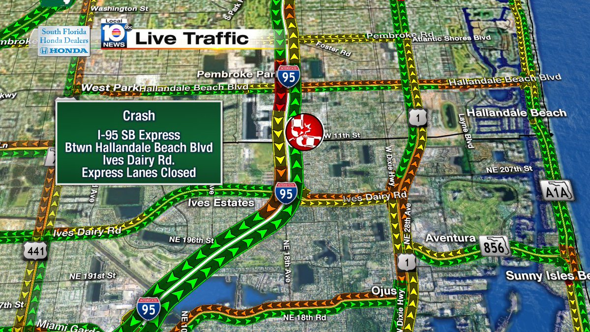 CRASH: Express lanes closed SB I-95 between Hallandale Beach Blvd. & Ives Dairy Rd. Expect delays. #TRAFFIC https://t.co/kaO6cRQNHq