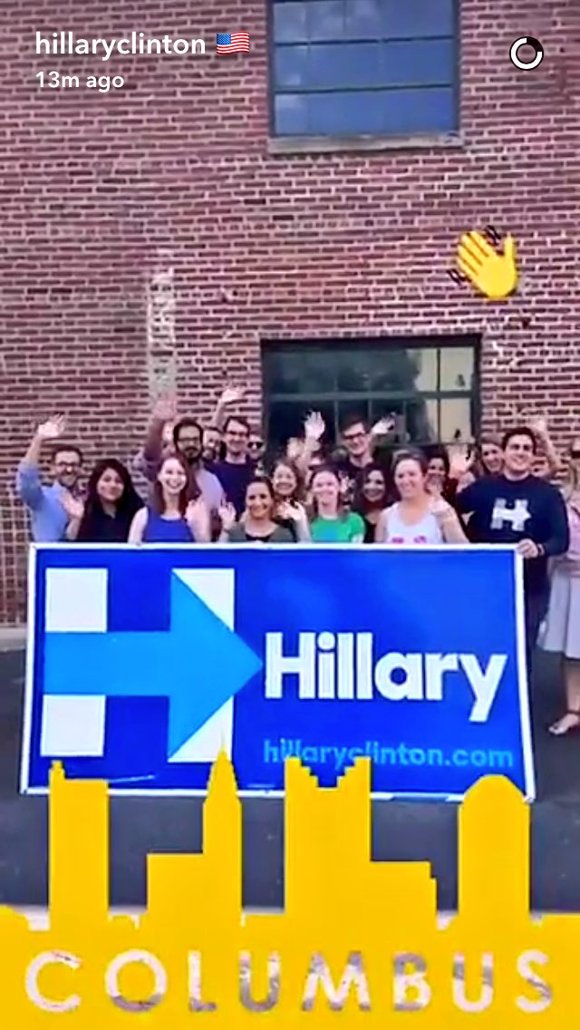 hannahbfine's tweet image. Check out @HillaryClinton's Snapchat for a glimpse of the @HillaryforOH gang: @JDahmanIII, @chwyant, @LCorgi &amp;amp; more!