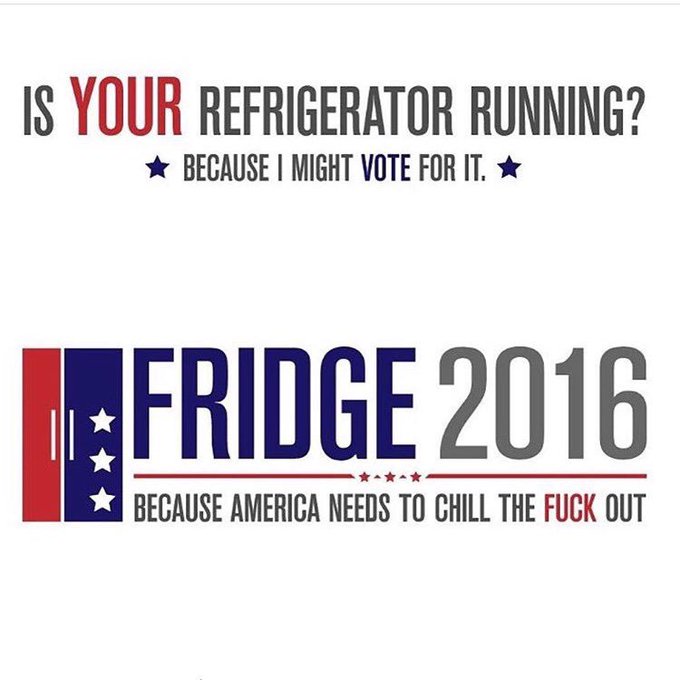 "Is your refrigerator running? 
Because I might VOTE for it." 

???

 #WhoDidThis #Election2016 https://t