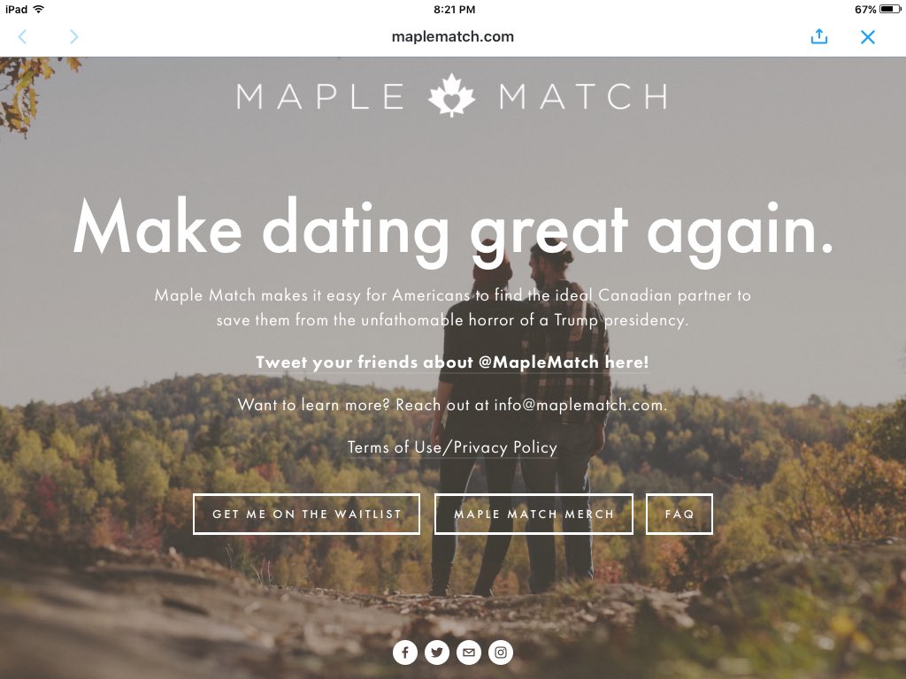 Canada launches dating site to help Americans find a Canadian partner saving them from horror of a Trump presidency.