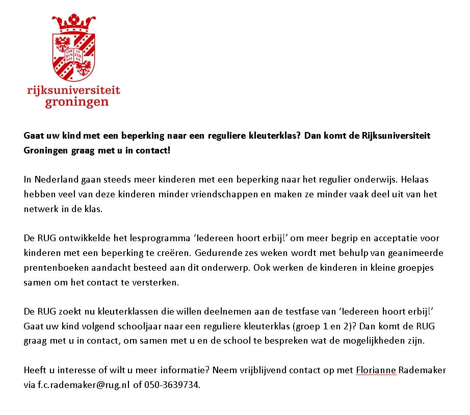 Rijksuniversiteit Groningen zoekt ouders van kleuters met handicap op reguliere school voor test van nieuw lespakket