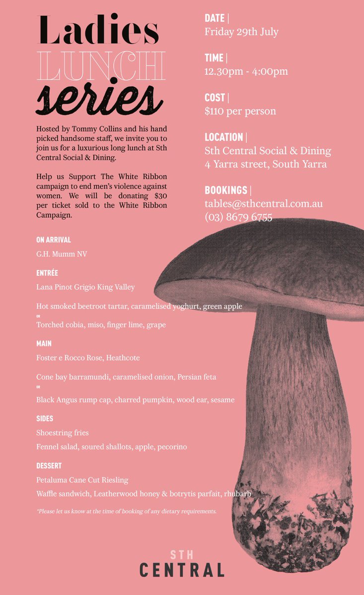 This <a href="/SthCentral/">Sth Central</a> ladies' lunch to support #whiteribbon looks the goods. Wish I could make it. Plz go in my place. 😌