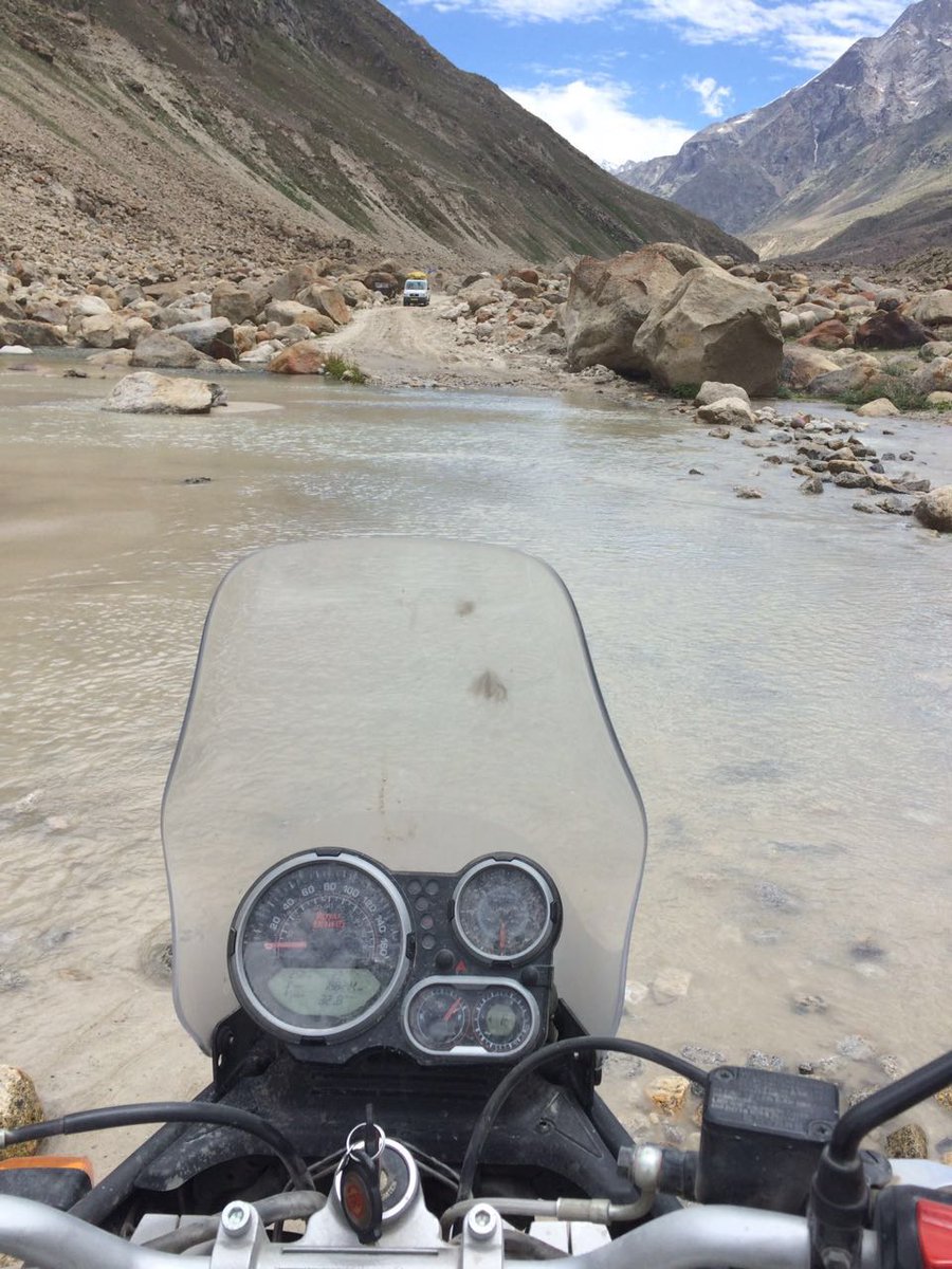MyMotoringWorld's tweet photo. River crossings are a common affair on the @royalenfield #HO2016 #Himalayan https://t.co/OmalWyGsAE
