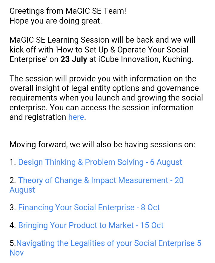 twt_borneomy's tweet photo. MaGIC SE workshop this weekend! Good for Soc Enterprise and anyone who runs NGO. Mun pergi ber5 free jak. Jom 😊 https://t.co/42bcEgDbJj