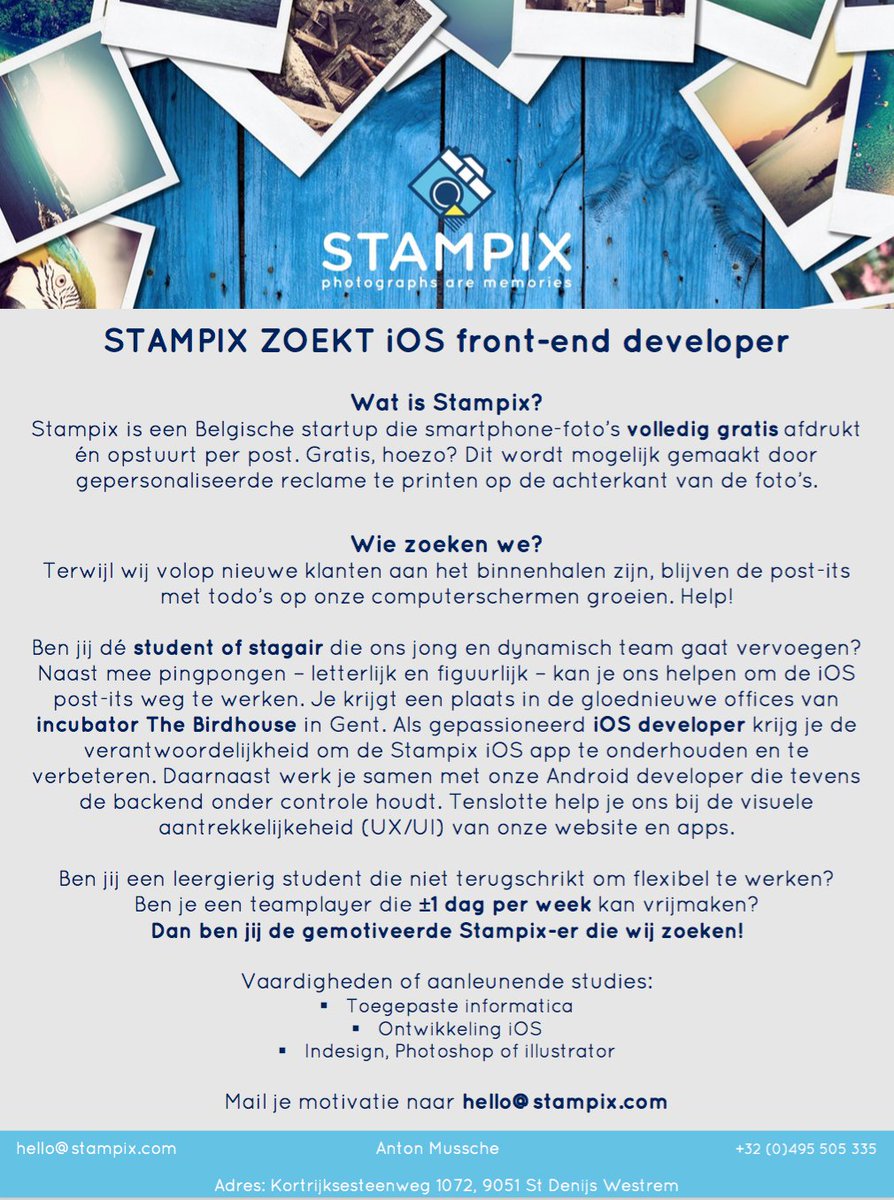 AereyBirdhouse's tweet photo. Ben jij dé student of stagair die het jong en dynamisch @Stampix_prints team gaat vervoegen? #iosdev #vacature https://t.co/Zox6vwm1hu