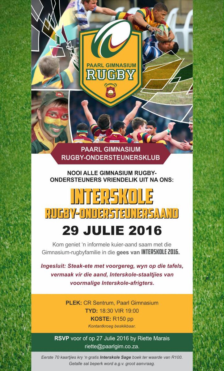 Kom vang bietjie GEES saam met ons by die INTERSKOLE RUGBY-ONDERSTEUNERSAAND 29 Julie 2016 #GimRugby