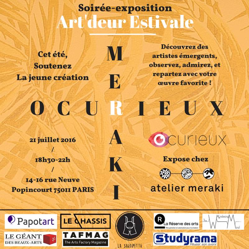 Demain, soyez les bienvenus dans le bel espace <a href="/ateliermeraki/">Atelier Meraki</a> pour la soirée-exposition d'Ocurieux ! #art #emergent