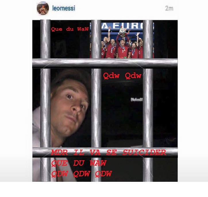 DADAtrap's tweet photo. mdr il va se suicider..#qdw #Messi29 #CR7 #ronaldotears #football #BuzzFamily #riri #BlagueDuJour #humour #prisoner https://t.co/0RzRa3n5se