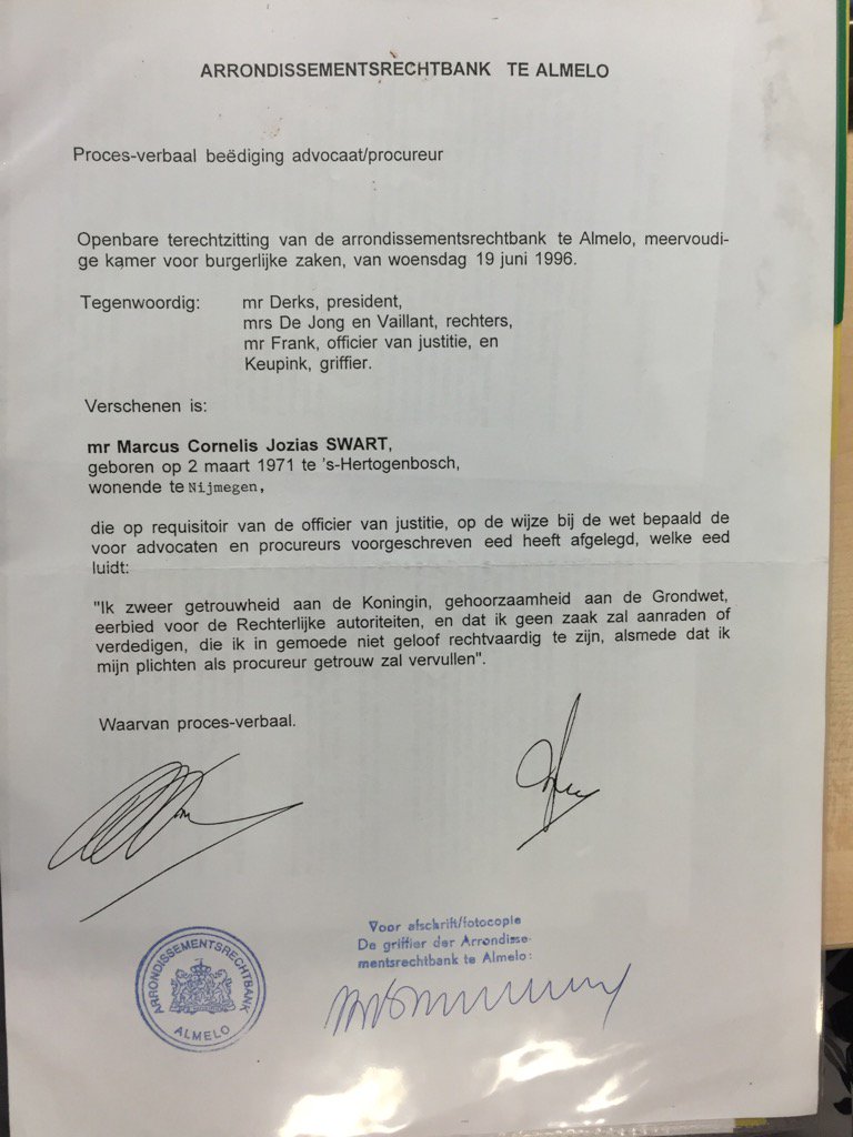 marcoswart's tweet photo. Kom er zojuist bij toeval achter dat ik alweer 20 jaar geleden tot advocaat ben beëdigd. https://t.co/6YylYKzq1P