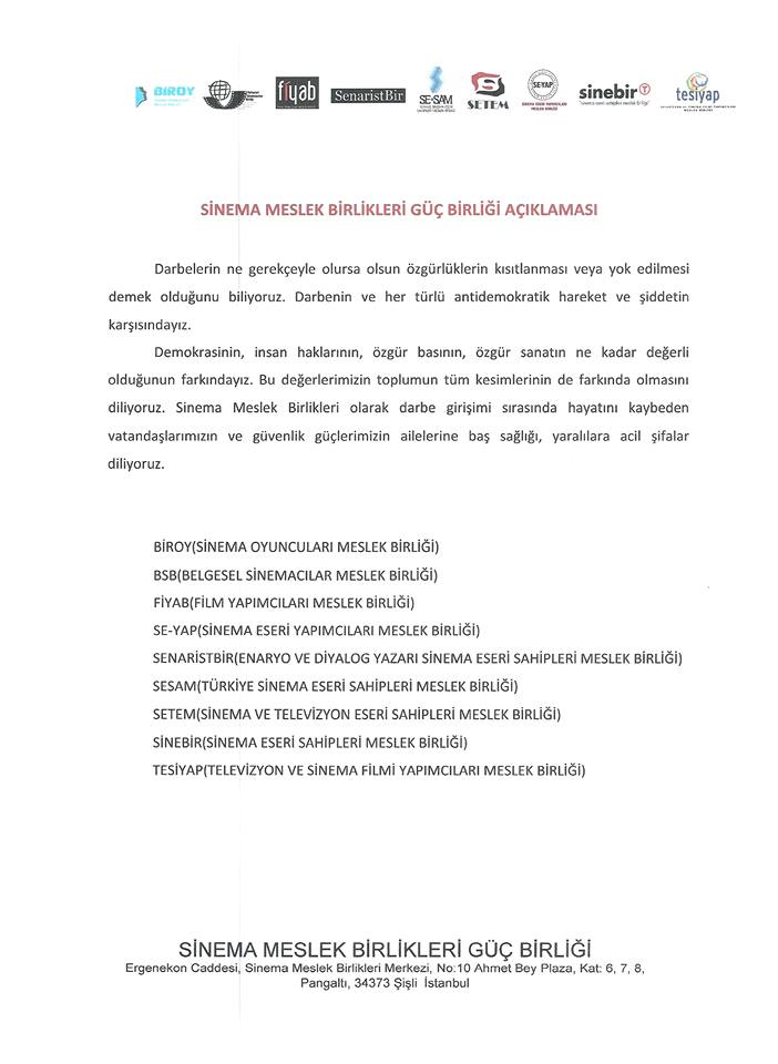 Sinema Meslek Birlikleri'nin Darbe Girişimine Dair Açıklaması...