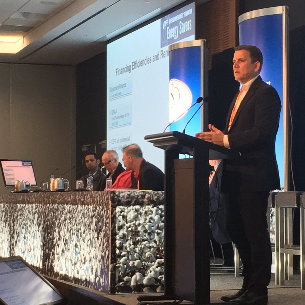 CottonAustralia's tweet photo. Andrew Chamberland from @QldFarmers on new financing models for #energy efficiencies and #renewables #cotton16 https://t.co/5kVHUiTFKS