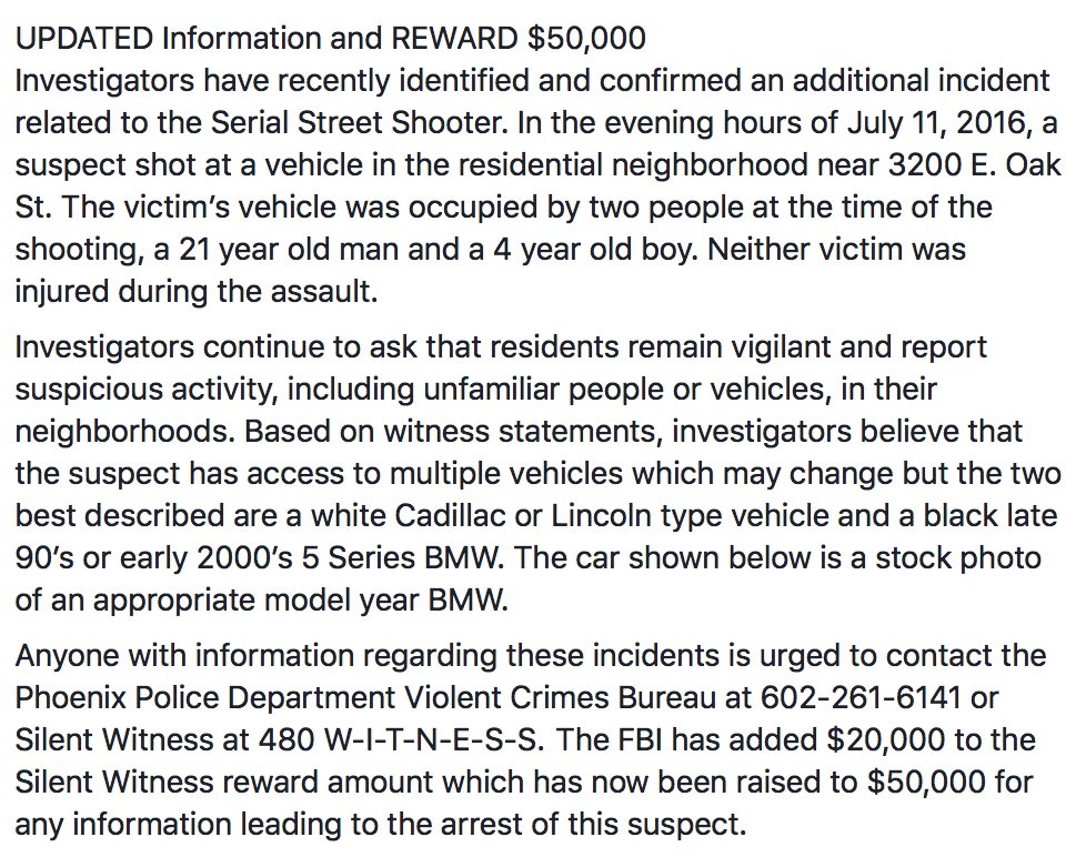 #Maryvale #Phoenix Serial street shooter. 9 shootings. 7 souls lost.
Drives White Caddy/Lincln or Blk BMW 5 series.