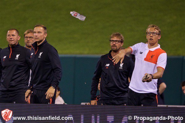 thisisanfield's tweet photo. Lucas Leiva was "sent off" for throwing a bottle of water onto the pitch tonight. https://t.co/H0n3aPbyNN