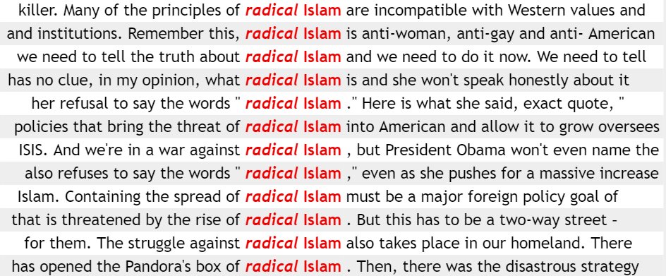 AndrewBrindle2's tweet photo. In a corpus of Trump speeches 'radical Islam' was the strongest key term. https://t.co/C9MITXDvF1