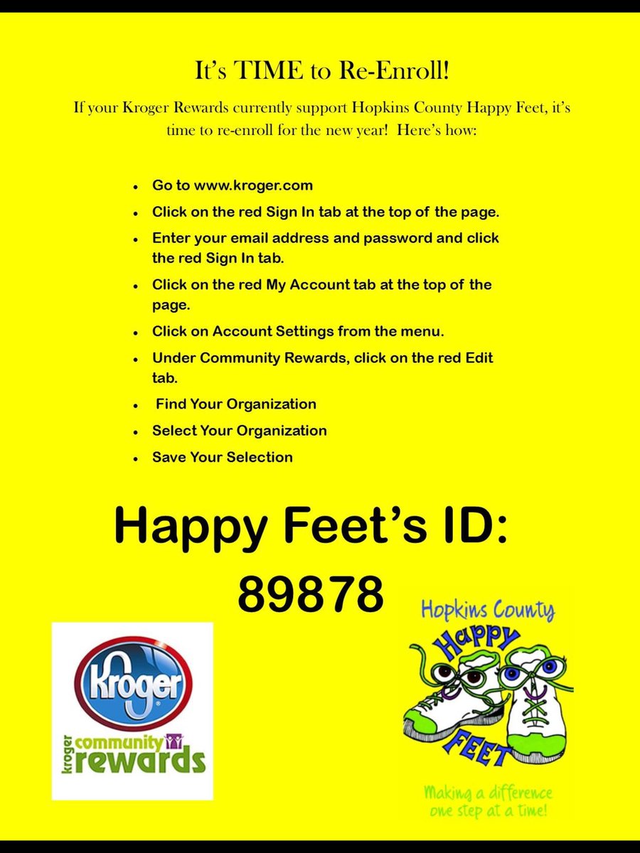 HappyFeetHopCo's tweet photo. It's August! Time to re-enroll in Kroger Community Rewards to support Happy Feet. https://t.co/IYsWz6UsWX