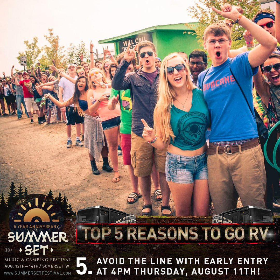 Save time! Early entry is available with all RV/Preferred camping wristbands!