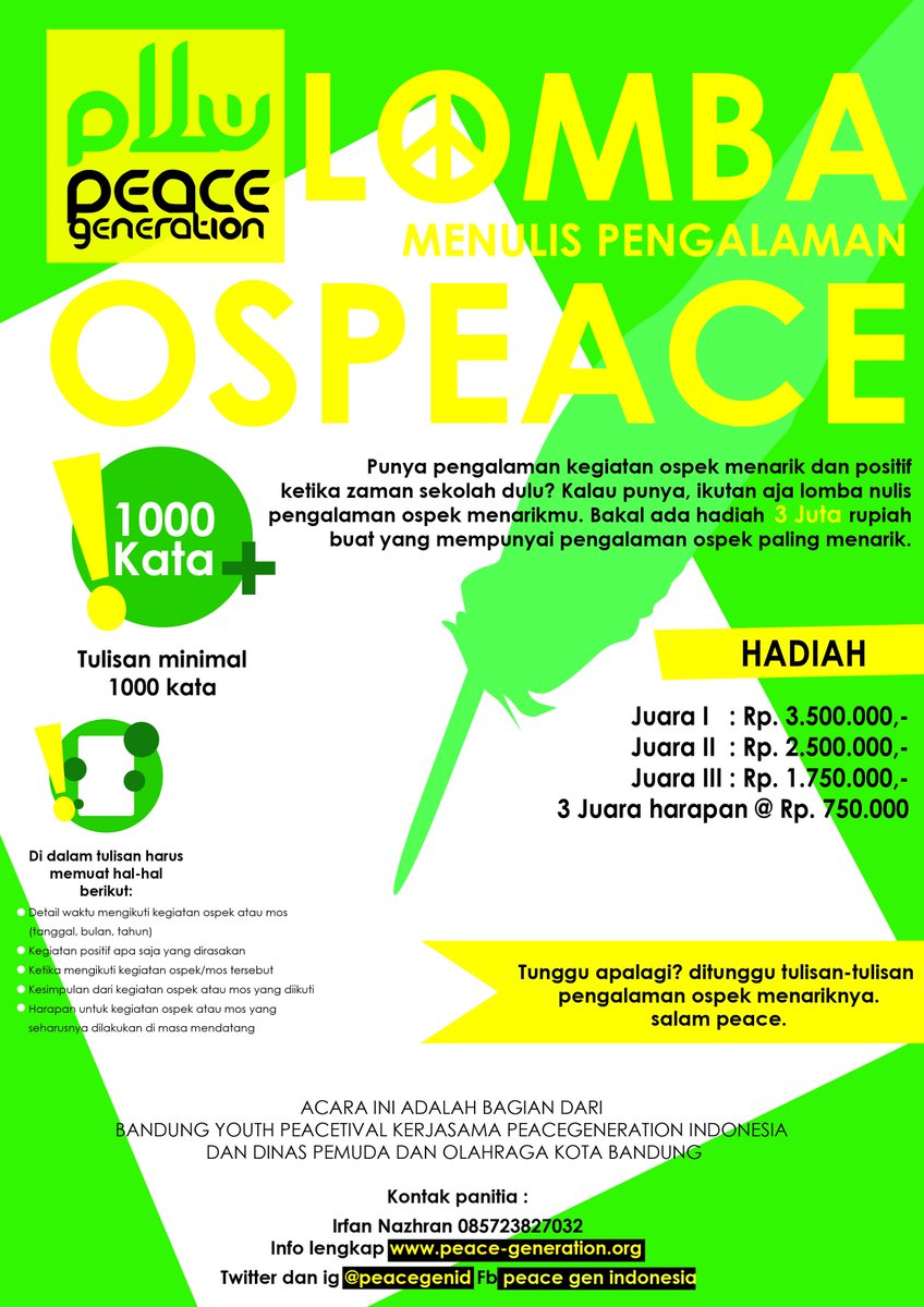 Udah daftar lomba-lomba asyik yg diadakan <a href="/PeaceGenID/">Peace Generation</a> Kalau belum ikutan skrg juga. <a href="/Haidar_Bagir/">Sosmed Cinta😊</a> <a href="/BDGYouthFes/">BandungYouthFestival</a>