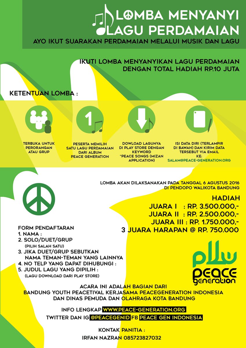 PeaceGenID's tweet photo. Udah daftar lomba-lomba asyik yg diadakan @PeaceGenID Kalau belum ikutan skrg juga. @Haidar_Bagir @BDGYouthFes https://t.co/rQVmJXYTov