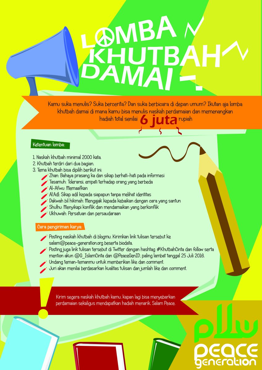 PeaceGenID's tweet photo. Udah daftar lomba-lomba asyik yg diadakan @PeaceGenID Kalau belum ikutan skrg juga. @Haidar_Bagir @BDGYouthFes https://t.co/rQVmJXYTov