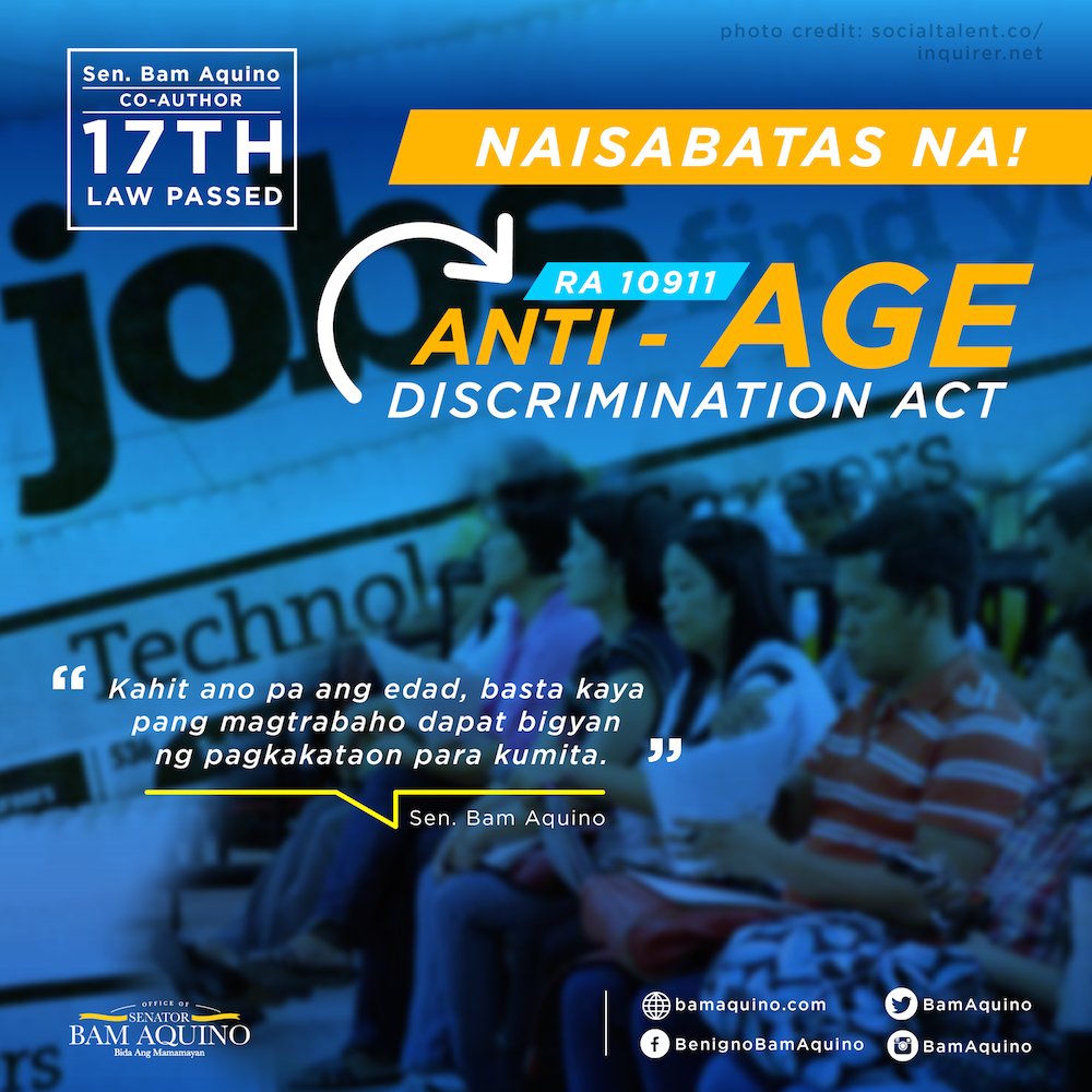 bamaquino's tweet photo. GOOD NEWS: Naisabatas na ang Anti-age Discrimination Act! Pls. retweet. Salamat! #17thLaw [TeamBam] @senatePH https://t.co/u7zDVGMsaS