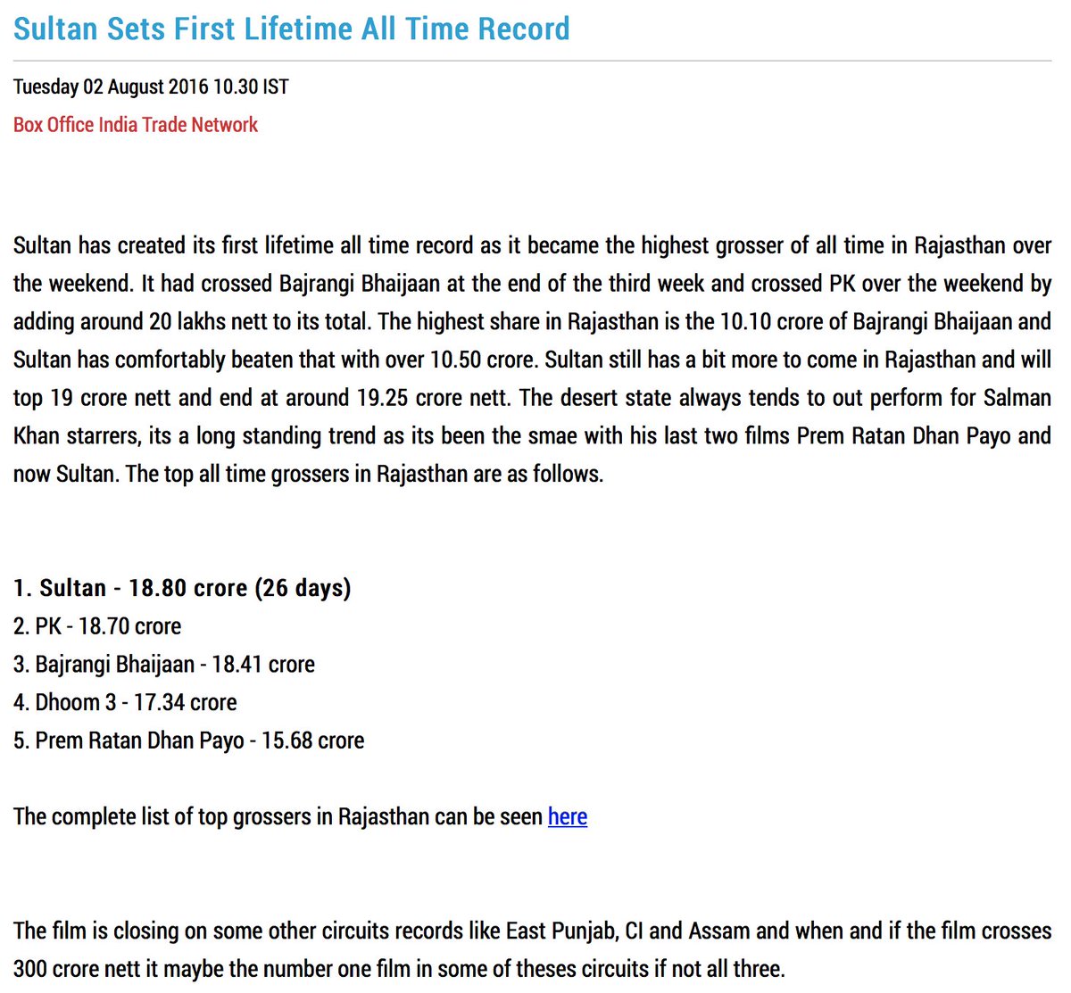 SalluLicious's tweet photo. ★#Sultan Sets 1st Lifetime All Time Record! Becomes Highest Grosser of All Time in Rajasthan https://t.co/LoKy1ZTMdW https://t.co/1nfnrkYpl9