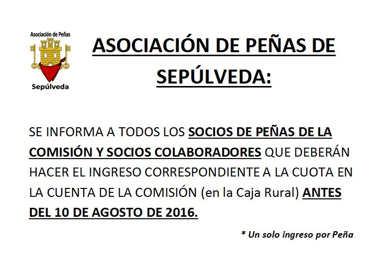 PregoneroSepul's tweet photo. Ingreso de cuotas a la Asociación de Peñas de Sepúlveda https://t.co/U03qSWB1Ow @FiestasSepul https://t.co/LQMvJfjfcF