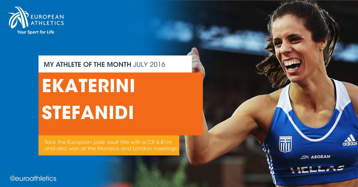 EuroAthletics's tweet photo. Retweet to vote for Greek pole vaulter Ekaterini #Stefanidi as your #athleteofthemonth for July https://t.co/s9I62WYbXe