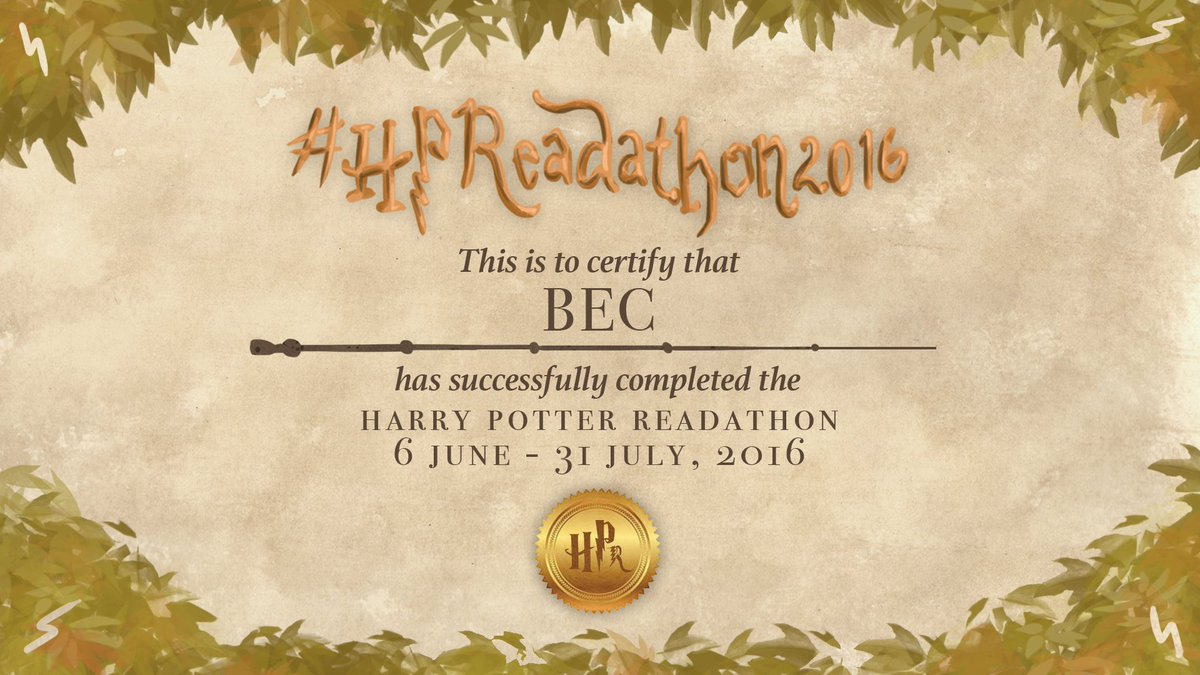 HPReadathon's tweet photo. Congratulations on completing the #HPReadathon2016, Bec (@Arya_Jade)! Hope to see you again next year. https://t.co/TBpNkHJTOJ