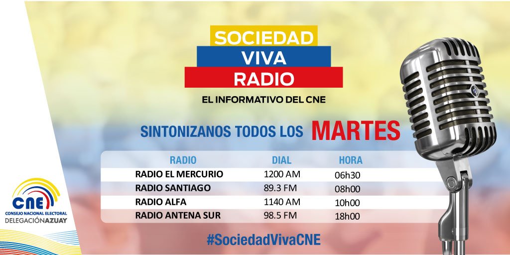CNEAzuay's tweet photo. #SociedadVivaCNE | Escúchanos hoy MARTES a través de estas emisoras https://t.co/Bz3NUQMY4L