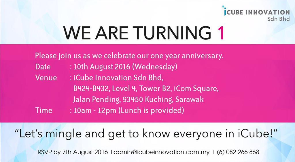 iCubeInnovation's tweet photo. We are turning 1 next week! Come to our co working space and get to know everyone! Lunch is provided 😊 https://t.co/0aoEqwDKgv
