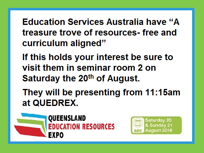 quedrex's tweet photo. @EdServAus are in Seminar room 2 on Saturday the 20th of August. Make sure you visit them from 11:15am at @quedrex . https://t.co/EK1ZZsZ5M7