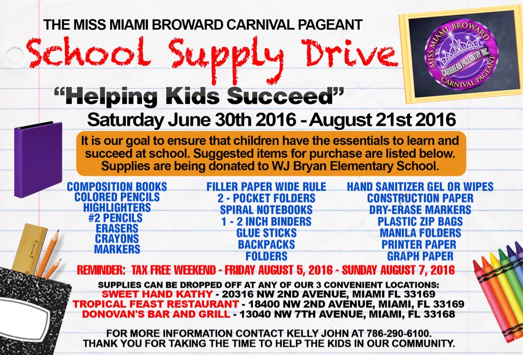 MsMiamiBroward's tweet photo. 1st Annual School Supply Drive!!!! Supplies are being donated to WJ Bryan Elementary School in Miami-Dade County. https://t.co/VboygPdzOT