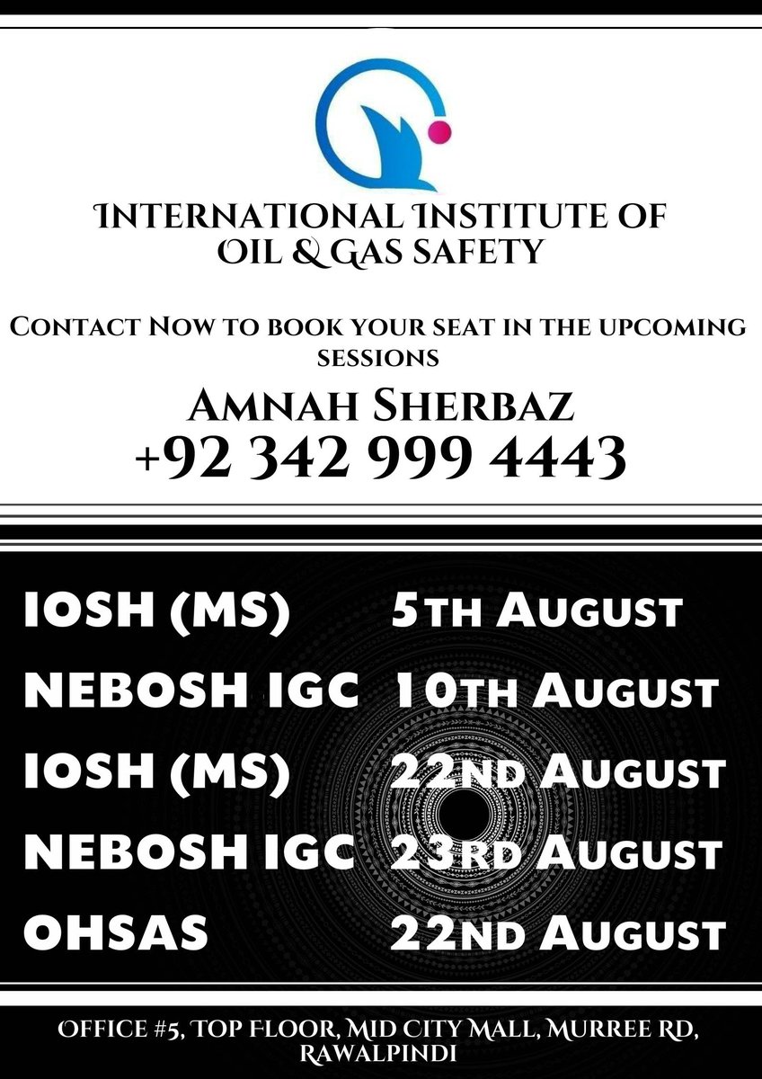 Amnah_iiogs's tweet photo. Call Now to Register:
Amnah Sherbaz
+92 342 999 4443

#IOSH #NEBOSH #IIOGS #ohsas18001 https://t.co/aQcwMG5Lqh