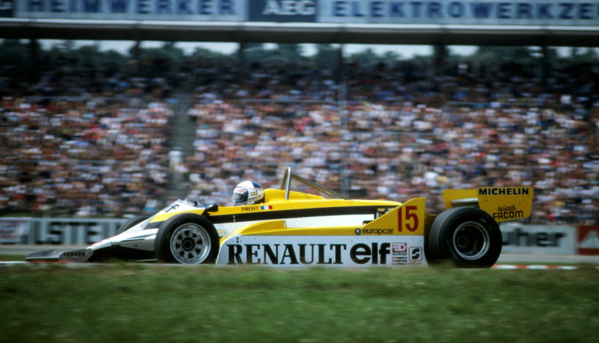 F1's tweet photo. .@Prost_official 🇫🇷 🎓 started from pole position for the very first time #OnThisDay at #Hockenheim in 1981 (📷)  #F1 https://t.co/R8jiuFFPwP