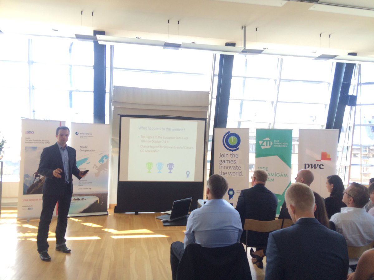 The final pitching event of <a href="/ClimateLaunch/">ClimateLaunchpad</a> in Latvia starts now! 8 promosing #cleantech ideas on stage #startinLV