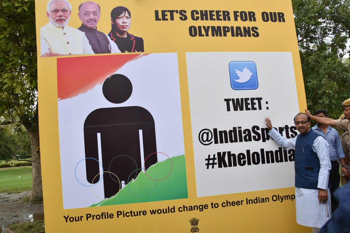 VijayGoelBJP's tweet photo. Launched Digital Campaign to wish Indian Olympians. Tweet #KheloIndia &amp; tag @IndiaSports to change DP to Tri Colors. https://t.co/1oD1dfaC9O