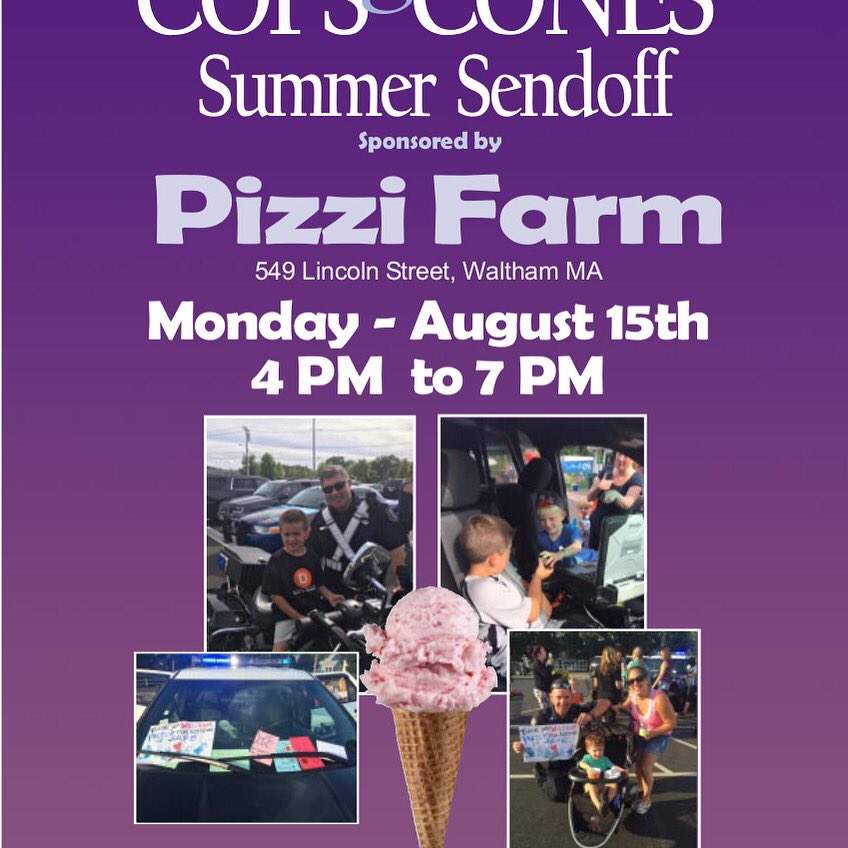 WalthamMAPolice's tweet photo. Our final Cops &amp; Cones of the summer is happening Monday Aug. 15, 4-7pm @PFIceCream. Join us for Summer Sendoff! https://t.co/L5cDDZvJqE