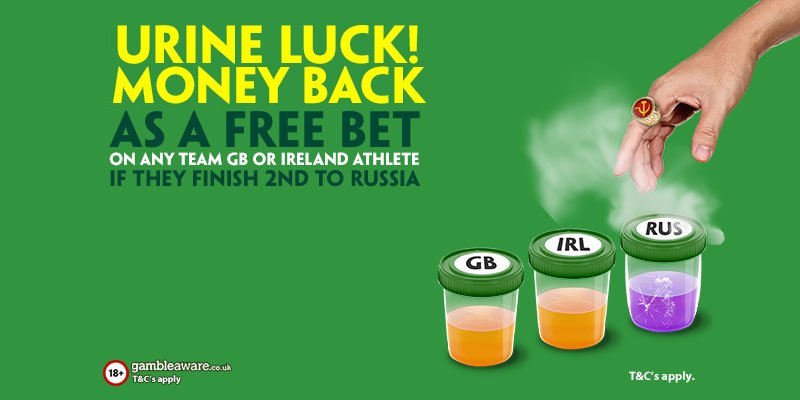 paddypower's tweet photo. URINE LUCK! Money back in the Olympics if your GB or IRL athlete finishes 2nd to a Russian! https://t.co/granSBj7Hm https://t.co/dJds2yTlWq