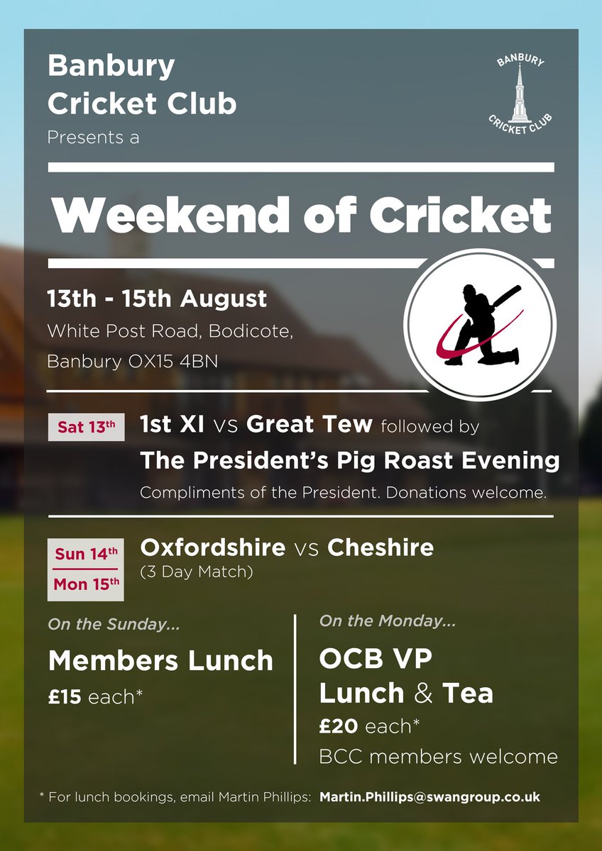 RealBanburyCC's tweet photo. A big weekend of cricket is approaching including the president’s pig roast. August 13th-15th @ WPR. Spread the word https://t.co/v1AkSUeaO0