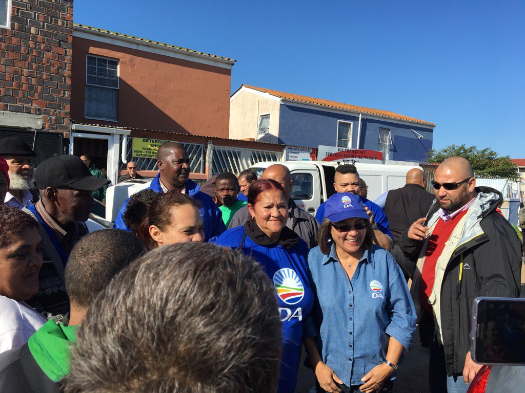 brettherron's tweet photo. @PatriciaDeLille @Our_DA out & about in Mitchells Plain encouraging people to vote #ImVotingDA #DeLilleforMayor https://t.co/7jzAscWBqx